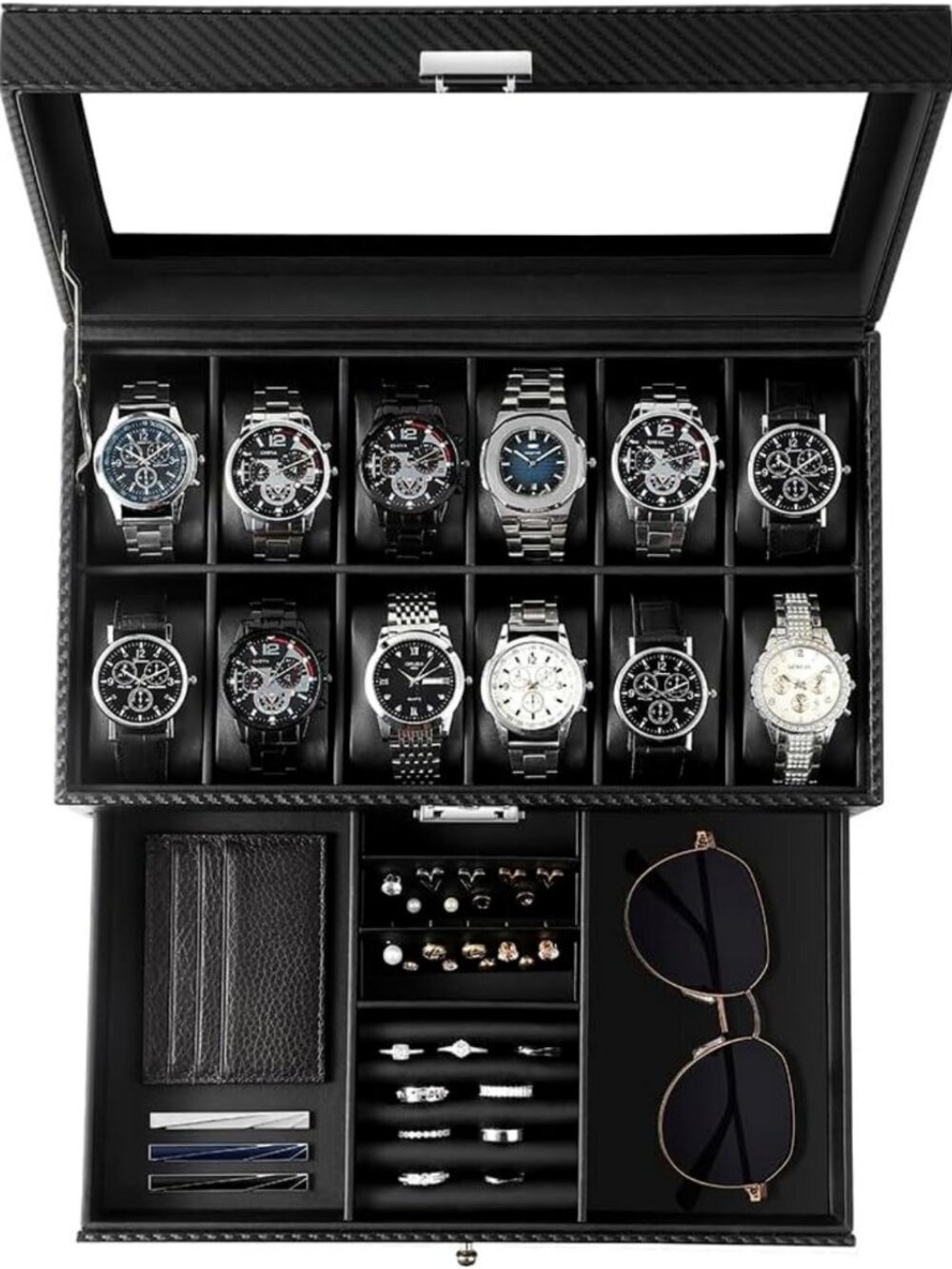 12 Slot Watch Box Organizer with Glass Lid, Leather Storage Case for Men & Women